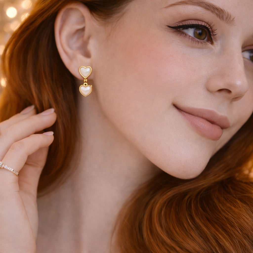 Elegant Double Heart Pearl Drop Earrings 💛🤍✨B2F1