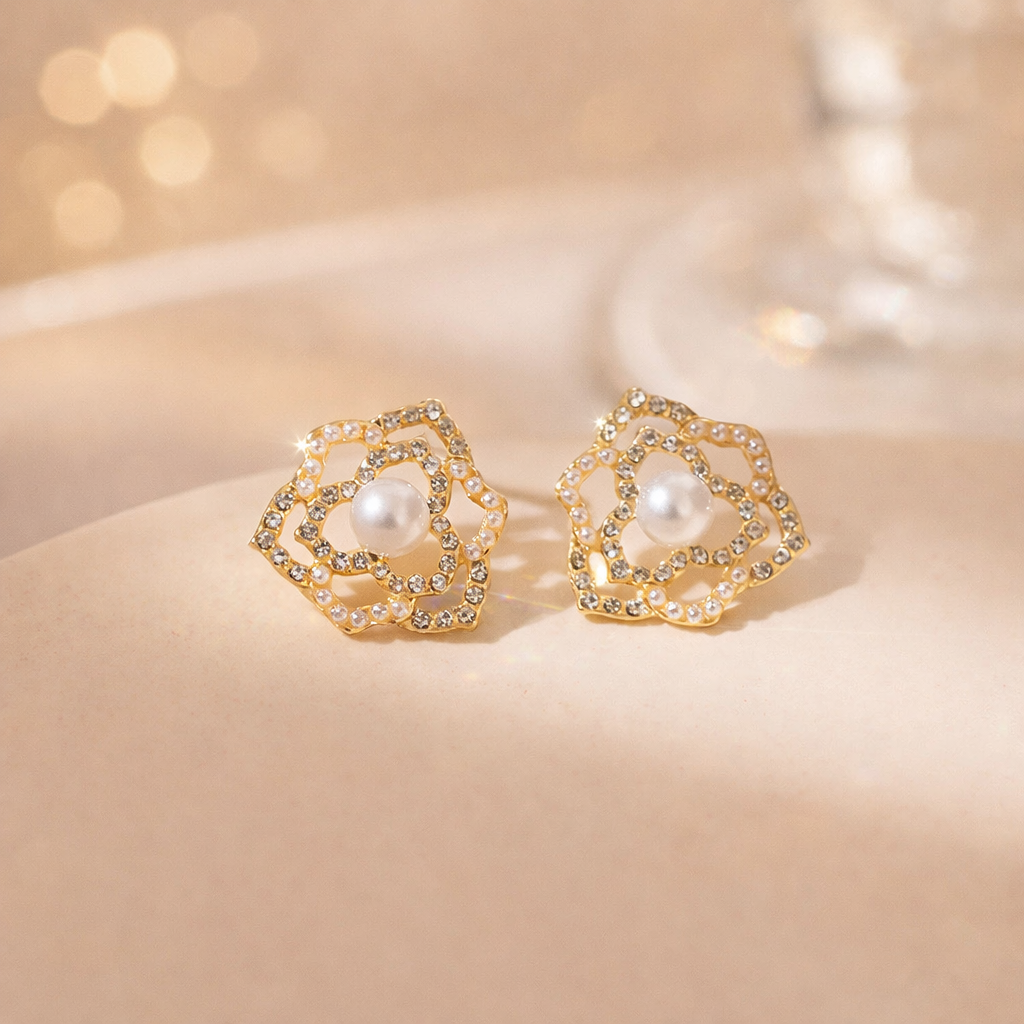 Gold Floral Pearl Stud Earrings 💛🤍B2F1