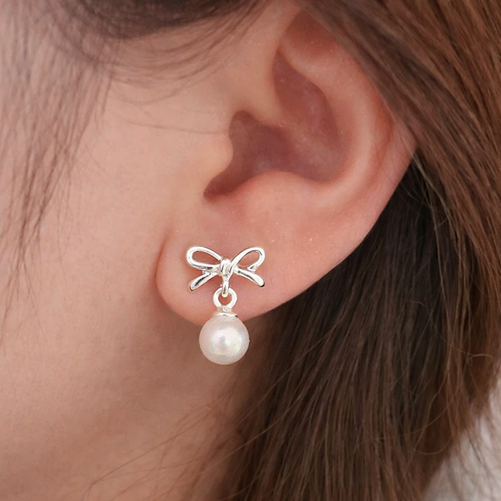 🎀 Sterling Silver Bow Pearl Drop Earrings