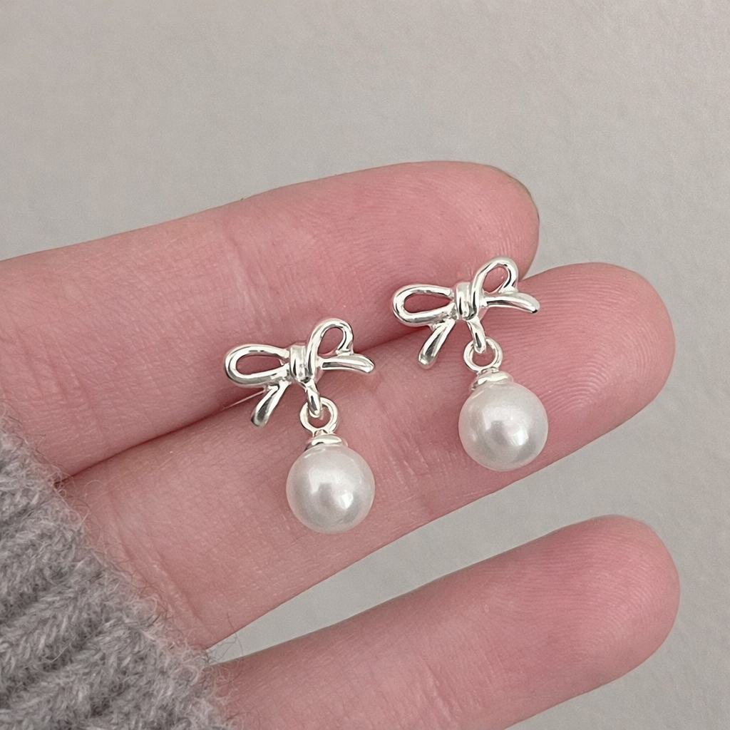 🎀 Sterling Silver Bow Pearl Drop Earrings