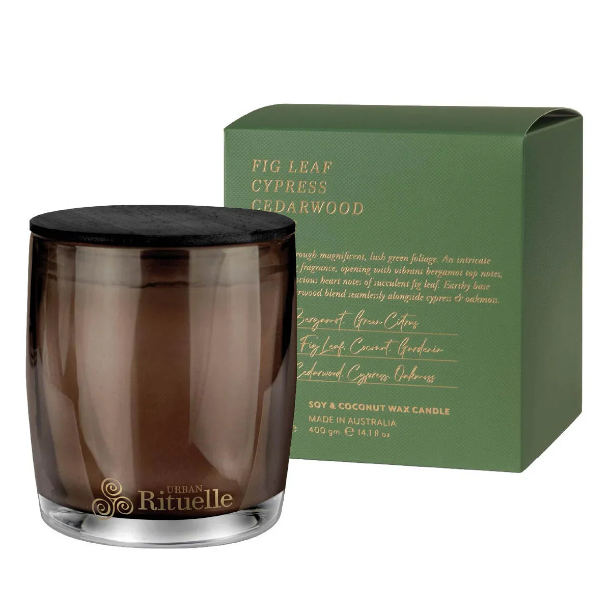 🌿 Fig Leaf, Cypress, Cedarwood & Moss Scented Soy Candle (400g) By Urban Rituelle 🌿🪵🌱 - warm, woody, slightly sweet