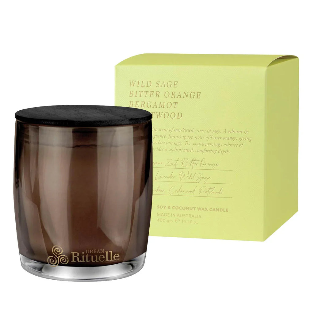 🌿 Wild Sage, Bitter Orange, Bergamot & Driftwood Scented Soy Candle (400g) By Urban Rituelle 🍊🍋🌿 - earthy, uplifting