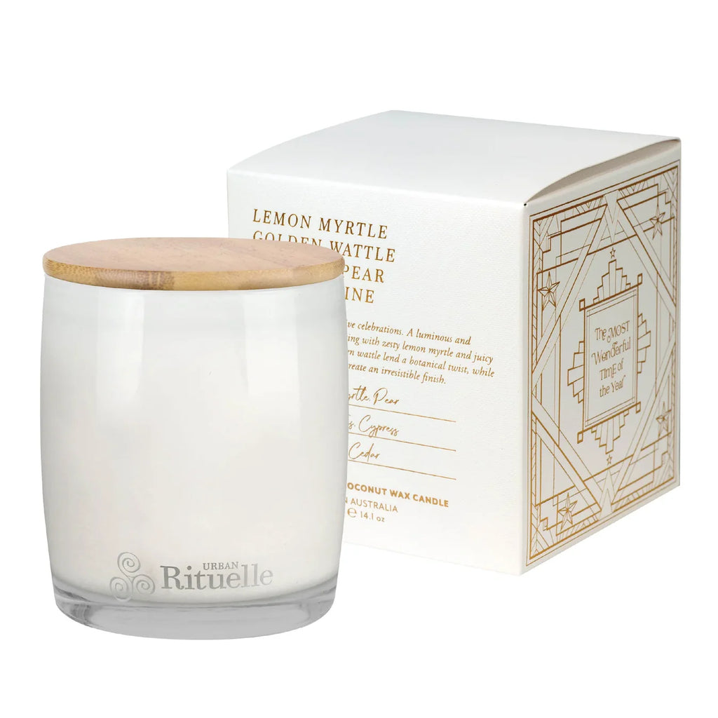 🌼 Lemon Myrtle, Golden Wattle, Poached Pear & Cypress Pine Scented Soy Candle (400g) By Urban Rituelle 🍋🌼🌿 - soft floral, woody, grounding