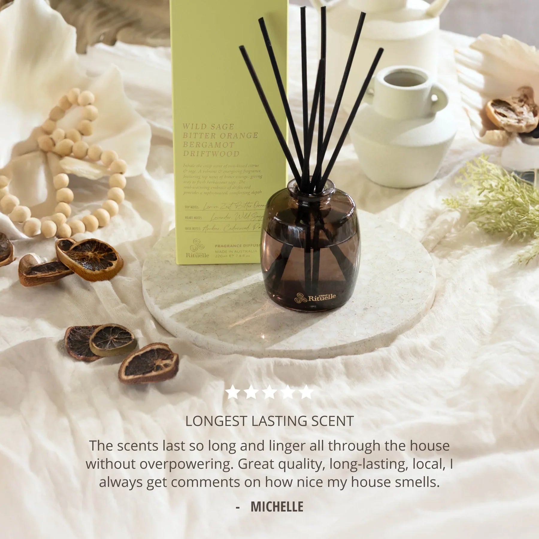 🌿 Wild Sage, Bitter Orange, Bergamot & Driftwood Fragrance Diffuser Set (220ml) By Urban Rituelle - Botanical freshness with a grounded twist. 🌬️