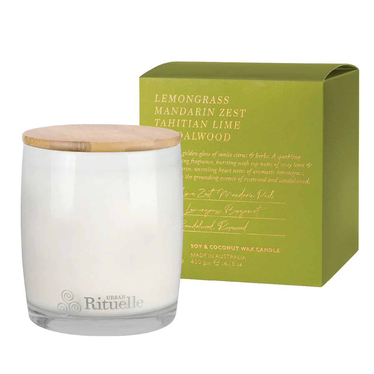 🍋 Lemongrass, Mandarin Zest, Tahitian Lime & Sandalwood Scented Soy Candle (400g）By Urban Rituelle 🌿🍊🍈 - smooth, creamy
