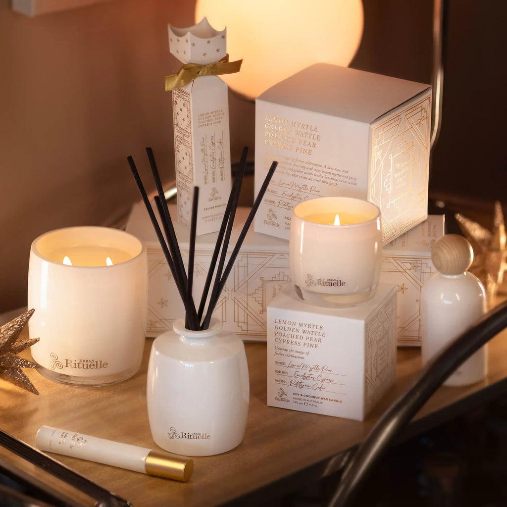 🌼 Lemon Myrtle, Golden Wattle, Poached Pear & Cypress Pine Fragrance Diffuser Set (220ml) By Urban Rituelle 🍋 - citrusy, woody