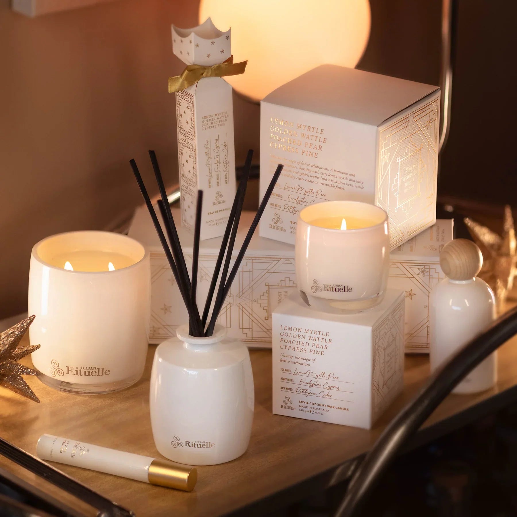🌼 Lemon Myrtle, Golden Wattle, Poached Pear & Cypress Pine Fragrance Diffuser Set (220ml) By Urban Rituelle 🍋 - citrusy, woody