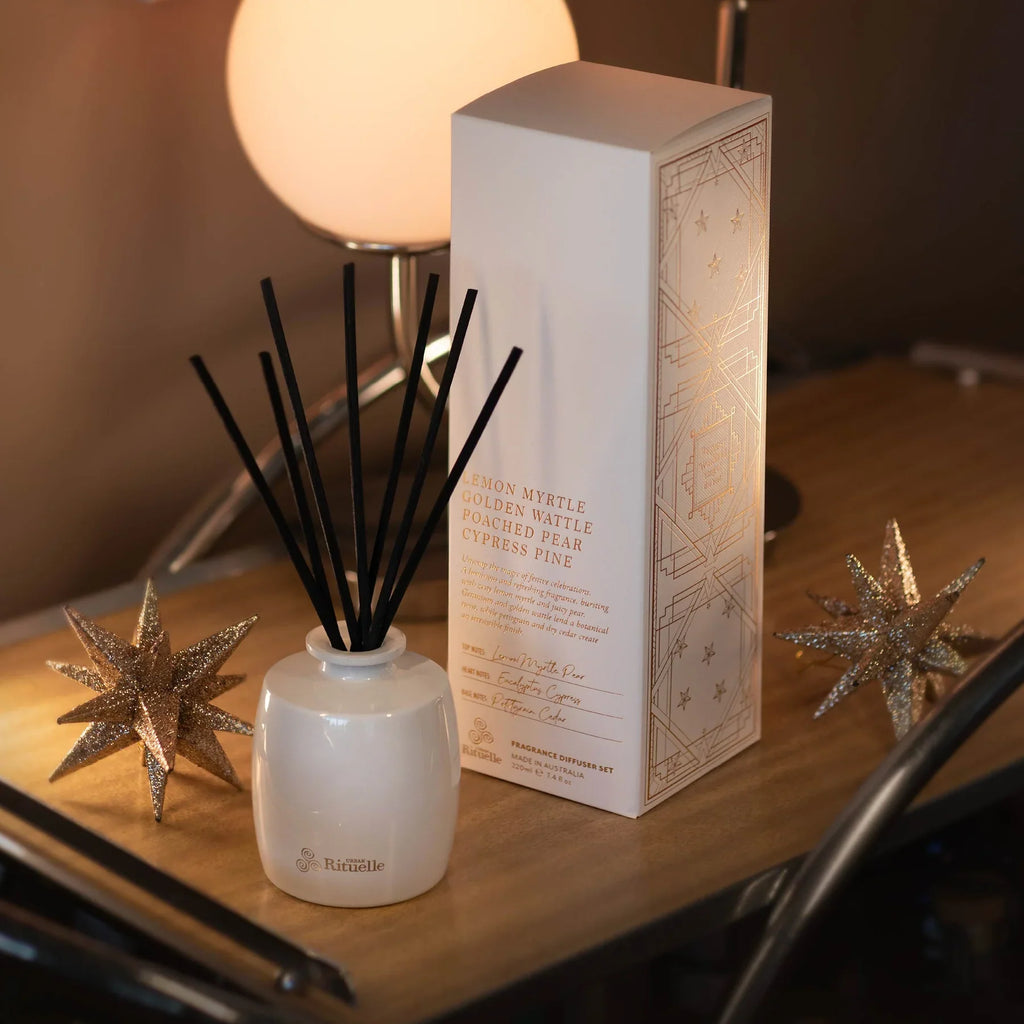🌼 Lemon Myrtle, Golden Wattle, Poached Pear & Cypress Pine Fragrance Diffuser Set (220ml) By Urban Rituelle 🍋 - citrusy, woody
