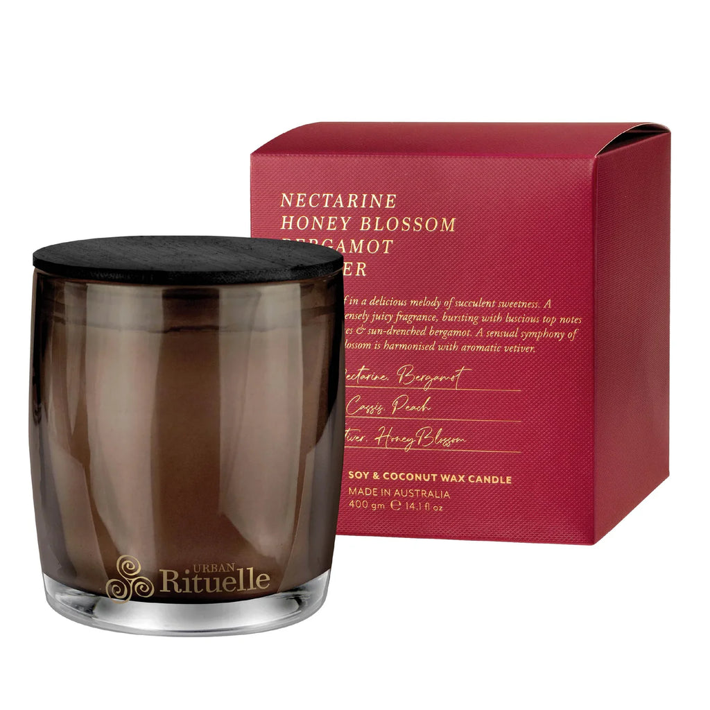 🍑 Nectarine, Honey Blossom, Bergamot & Vetiver Scented Soy Candle (400g) By Urban Rituelle 🌼🍑🍋 - zesty, woody