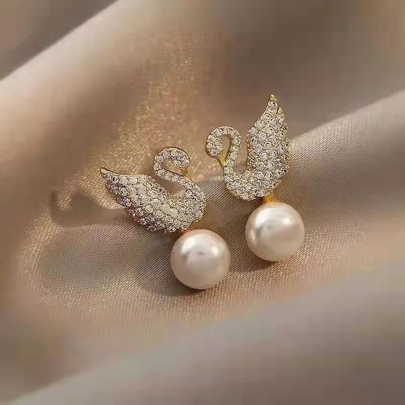 Crystal Swan Pearl Drop Earrings 🦢✨B2F1